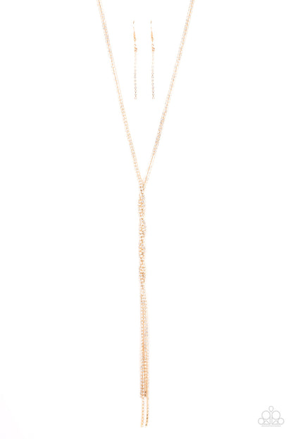 Impressively Icy Gold Necklace - Paparazzi Accessories  Golden ribbons of glassy white rhinestones loop around the neck and delicately twist into an icy tassel down the chest. Features an adjustable clasp closure.  Sold as one individual necklace. Includes one pair of matching earrings.