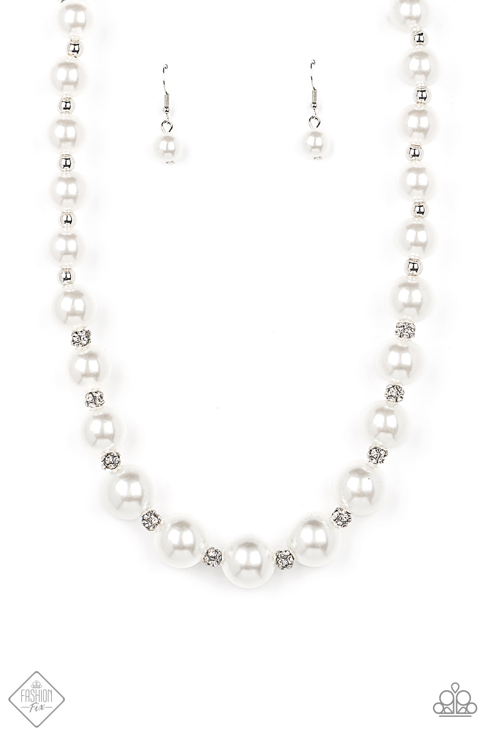 Sail Away with Me White Pearl Necklace - Paparazzi Accessories  Brilliant white rhinestone clusters and shiny silver beads accent a strand of lusciously oversized pearls, creating a stylish display below the collar. Features an adjustable clasp closure./p>  Sold as one individual necklace. Includes one pair of matching earrings.