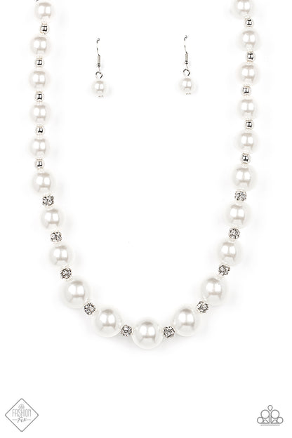 Sail Away with Me White Pearl Necklace - Paparazzi Accessories  Brilliant white rhinestone clusters and shiny silver beads accent a strand of lusciously oversized pearls, creating a stylish display below the collar. Features an adjustable clasp closure./p>  Sold as one individual necklace. Includes one pair of matching earrings.