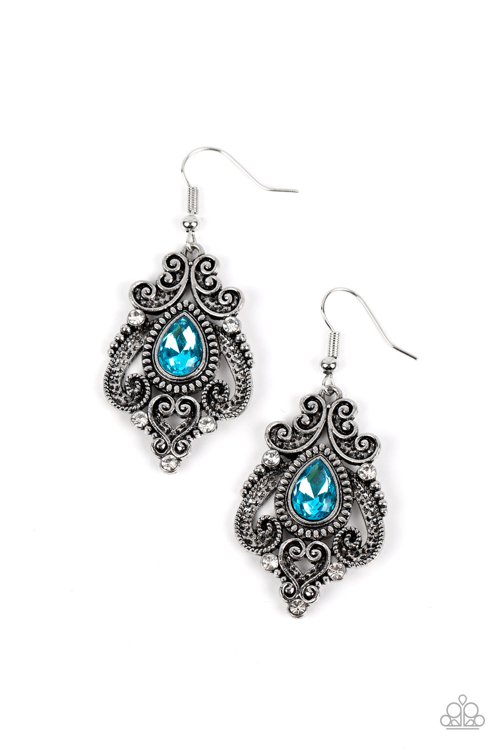 Palace Perfection Blue Earring - Paparazzi Accessories  Dotted with hints of glassy white rhinestones, studded and antiqued silver bars whirl into a regal heart shaped motif around a glittery blue teardrop center for a romantic finish. Earring attaches to a standard fishhook fitting.  Sold as one pair of earrings.