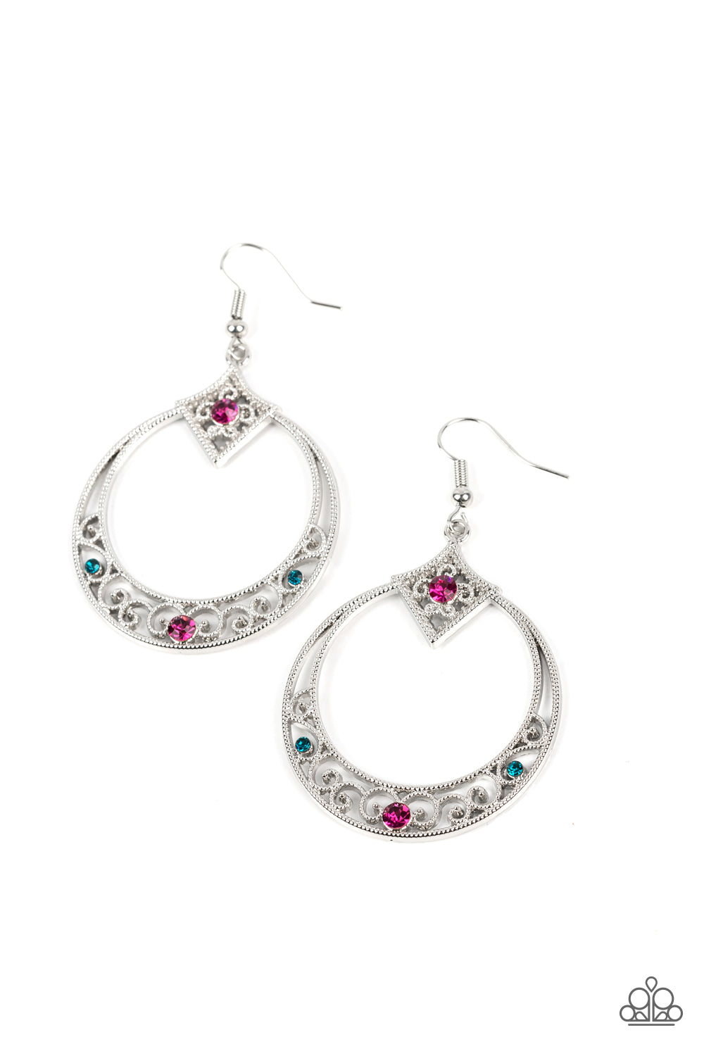 Royal Resort Multi Earring - Paparazzi Accessories  Studded silver filigree swirls inside the bottom of a shiny silver hoop that is crowned in a diamond-shaped frame. Glittery pink and blue rhinestones are sprinkled along the vine-like motifs, adding a glitzy finish to the seasonal inspired frame. Earring attaches to a standard fishhook fitting.  Sold as one pair of earrings.