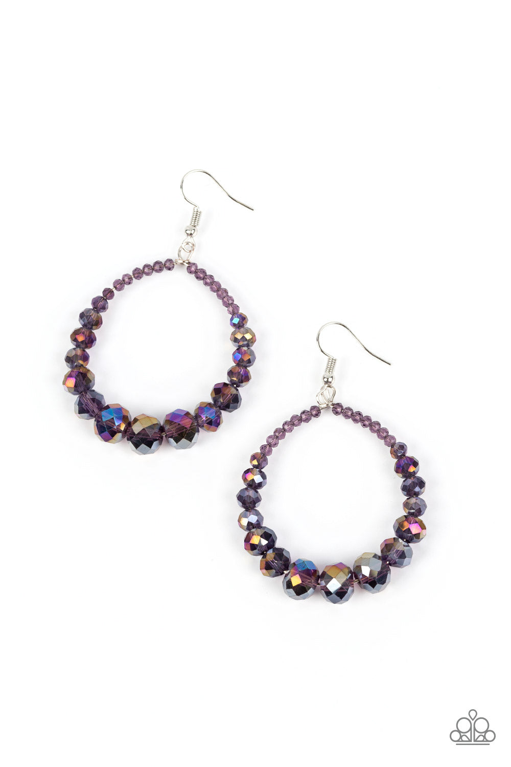 Astral Aesthetic Purple Earring - Paparazzi Accessories  Featuring a flashy faceted finish, purple gems with a kaleidoscopic overlay gradually increase in size as they glide along a wire hoop, resulting in a stellar teardrop. Earring attaches to a standard fishhook fitting.  Featured inside The Preview at GLOW!  Sold as one pair of earrings.