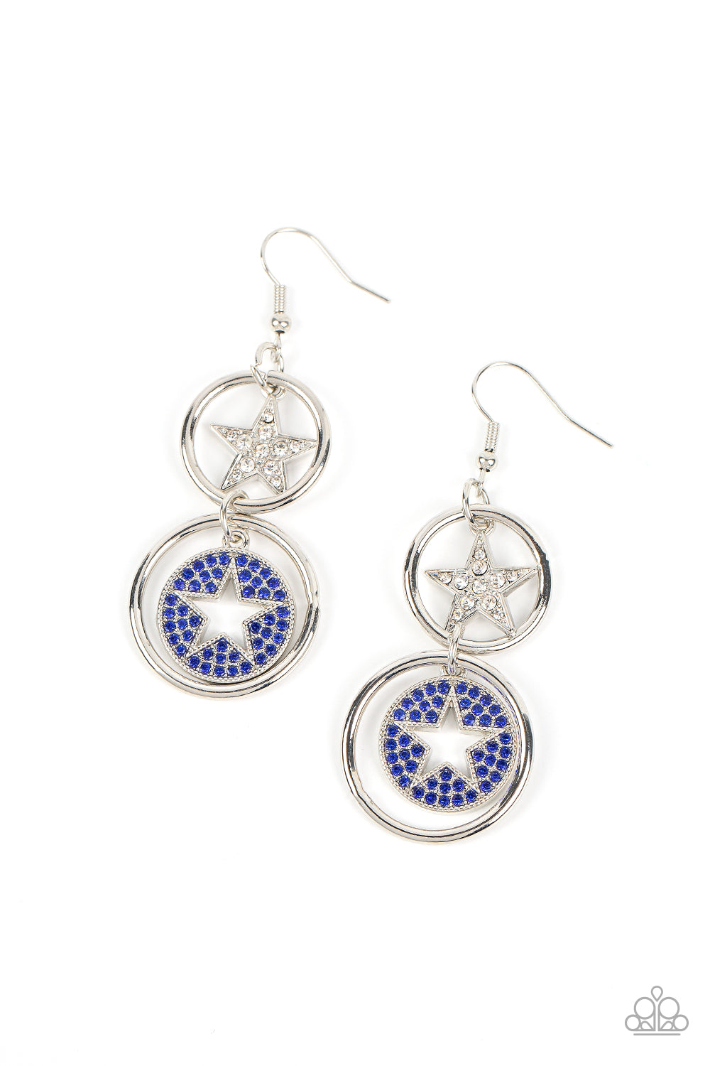 Liberty and SPARKLE for All Blue Earring - Paparazzi Accessories  Two silver hoops link into a stacked lure. A white rhinestone encrusted silver star twinkles from the uppermost hoop, while a blue rhinestone dotted silver frame featuring an airy star cutout sparkles from the bottom for a stellar finish. Earring attaches to a standard fishhook fitting.  Sold as one pair of earrings.