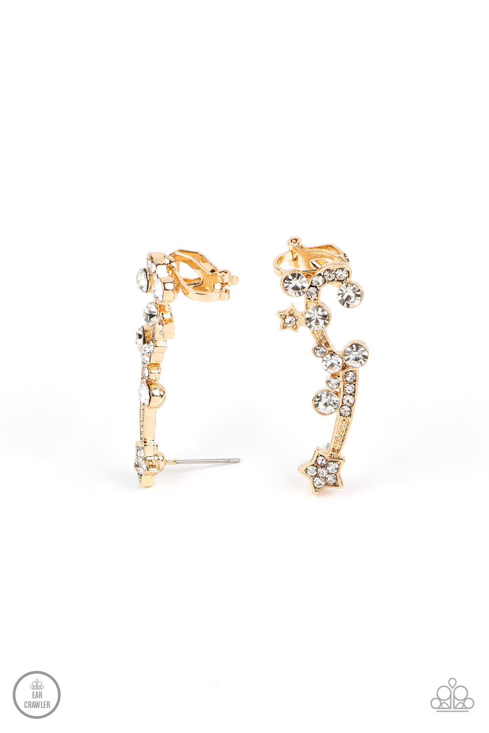 Astral Anthem Gold Star Ear Crawler Earring - Paparazzi Accessories  Dotted with dainty gold studs, glittery white rhinestones, a white rhinestone dotted star, and a glittery ribbon streams out from a white rhinestone dotted gold star like a shooting star as it climbs the ear. Earring attaches to a standard post fitting. Features a clip-on fitting at the top for a secure fit.  Sold as one pair of ear crawlers.