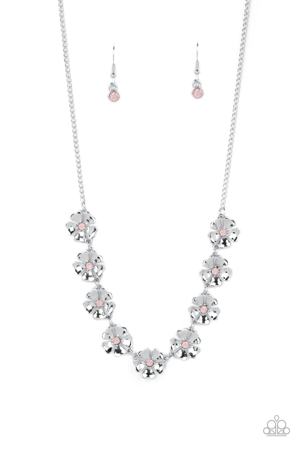 Petunia Palace Pink Necklace - Paparazzi Accessories Item #P2DA-PKXX-169XX Heart-shaped silver petals bloom from opaque Gossamer Pink rhinestone centers, creating colorful flowers. The dainty floral frames delicately dance below the collar, connecting into a whimsical centerpiece. Features an adjustable clasp closure.  Sold as one individual necklace. Includes one pair of matching earrings.