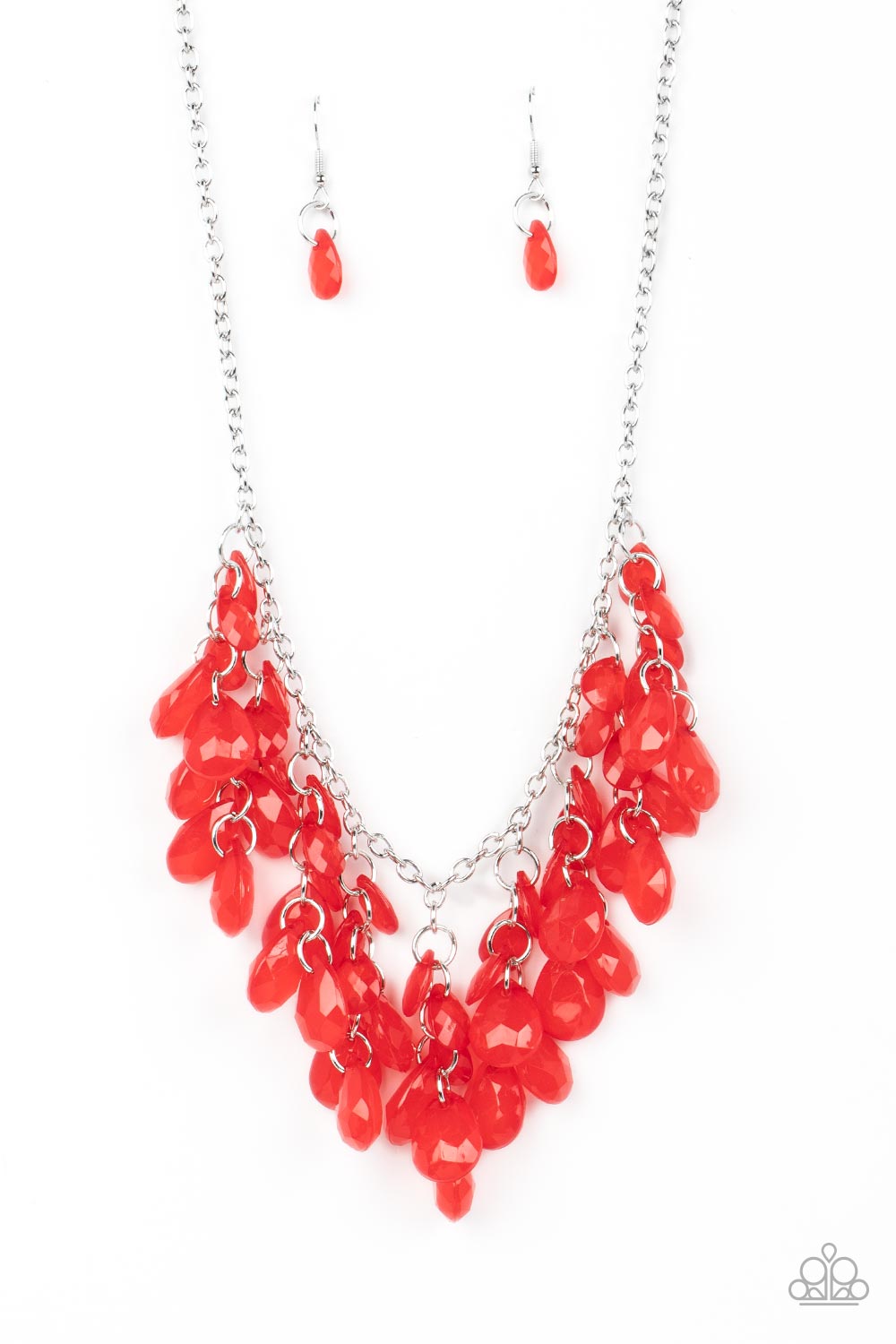 Crystal Cabaret - Red Item #P2WH-RDXX-316XX Opaque trestles of glassy Poinciana teardrop beads colorfully cascade from a classic silver chain below the collar, creating a mystical fringe. Features an adjustable clasp closure.  Sold as one individual necklace. Includes one pair of matching earrings.