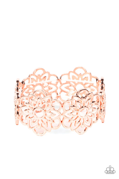 Baroque Bouquet Gold Bracelet - Paparazzi Accessories  Airy rose gold petals bloom into mandala-like blossoms along stretchy bands around the wrist, creating a regal floral pattern.  Sold as one individual bracelet.