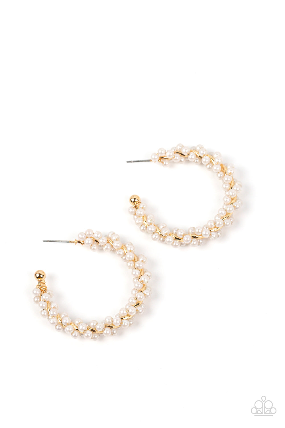 Yacht Royale Gold Hoop Earring - Paparazzi Accessories  A dainty strand of white pearls is delicately wrapped around a classic gold hoop, creating bubbly refinement. Earring attaches to a standard post fitting. Hoop measures approximately 1 1/2" in diameter.  Sold as one pair of hoop earrings.  P5HO-GDXX-269XX