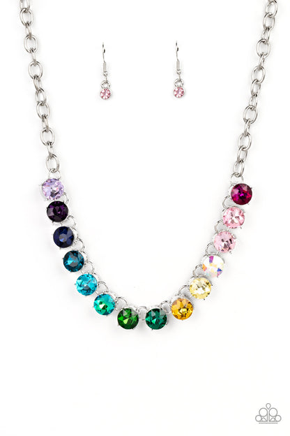 Rainbow Resplendence Multi Necklace - Paparazzi Accessories  Set in bold silver fittings, a rainbow of oversized multicolored rhinestones sparkles below the collar for an out-of-this-world statement. Features an adjustable clasp closure.  Sold as one individual necklace. Includes one pair of matching earrings.