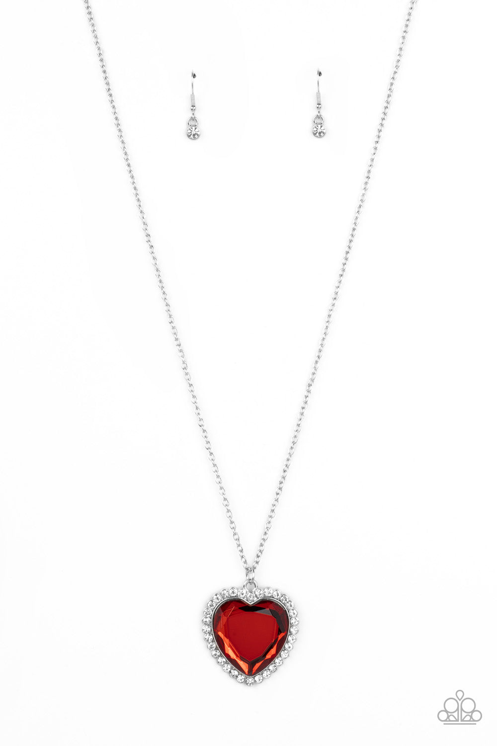 Prismatically Twitterpated Red Necklace - Paparazzi Accessories  Bordered in glassy white rhinestones, an oversized red heart gem sparkles from the bottom of an extended silver chain for a flirty finish. Features an adjustable clasp closure.  Sold as one individual necklace. Includes one pair of matching earrings.