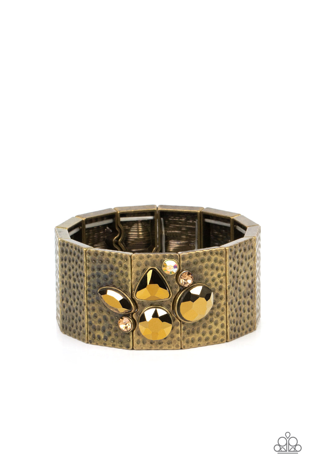 Flickering Fortune Brass Bracelet - Paparazzi Accessories   Hammered in gritty shimmer, rustic, rectangular, brass frames are threaded along stretchy bands that wrap around the wrist. Mismatched topaz, iridescent, and aurum rhinestones cluster on the front and back of the piece, creating dueling centerpieces. Due to its prismatic palette, color may vary.  Sold as one individual bracelet.