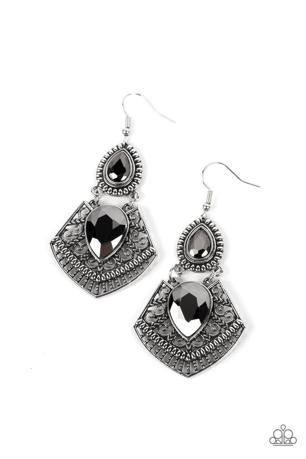 Royal Remix Silver Earring- Paparazzi Accessories   A hematite teardrop gem is pressed into a flared silver frame swirled in intricate patterns. The flared frame swings below a smaller hematite teardrop that is wrapped in a border of silver studs, creating a swinging statement. Earring attaches to a standard fishhook fitting.  Sold as one pair of earrings.