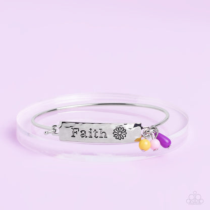 Flirting with Faith Purple Bracelet - Paparazzi Accessories  The word "Faith" and a whimsical daisy silhouette are stamped across a thick hammered plate of silver. Three acrylic beads in the shades of Primrose, purple, and baby pink add a dash of color to this inspirational piece, gathering together where the plate attaches to a skinny silver cuff. Features a hook and eye closure.  Sold as one individual bracelet.