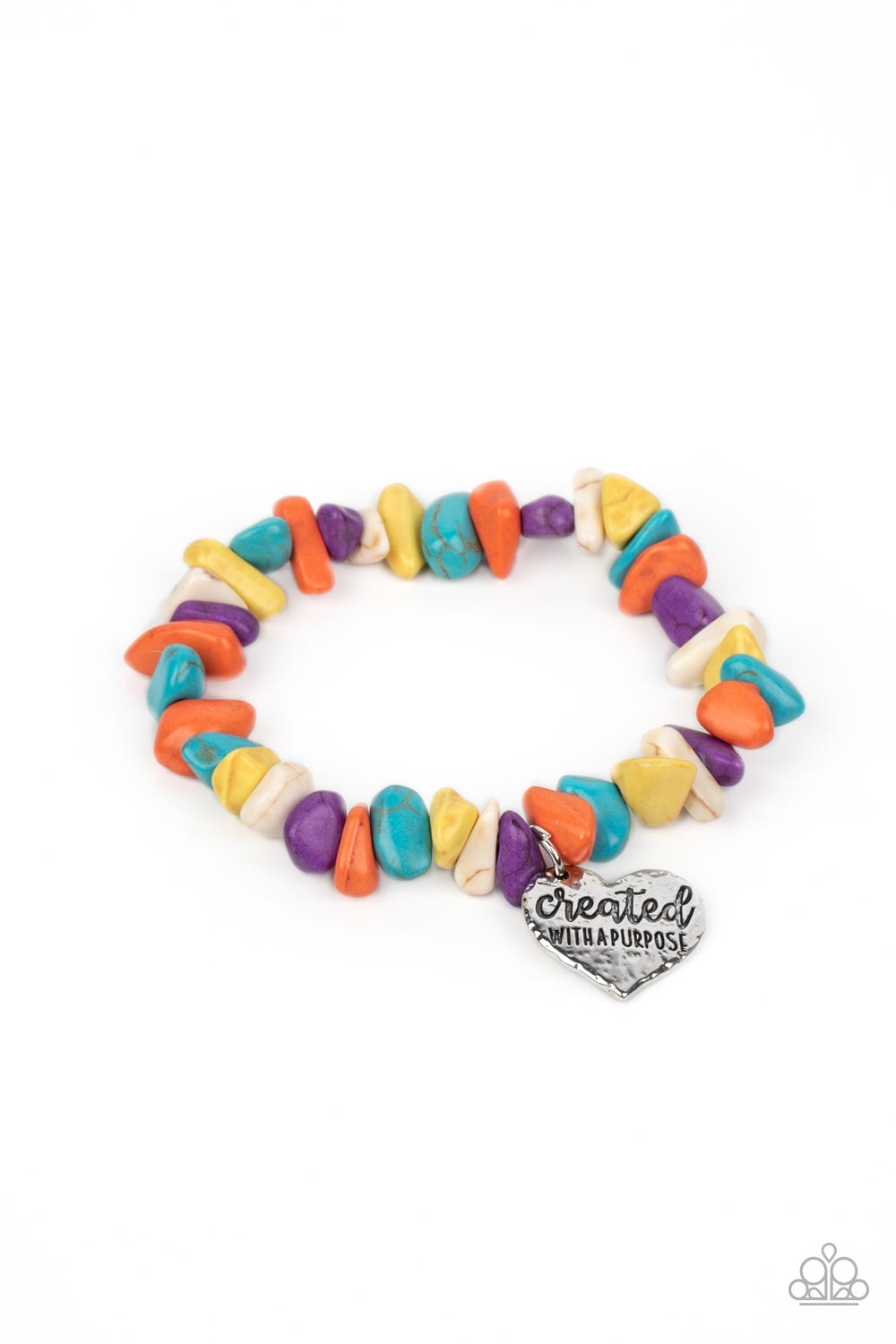 Stony-Hearted Multi Bracelet - Paparazzi Accessories  An assortment of chiseled orange, turquoise, yellow, purple, and white stones are threaded along an elastic stretchy band in a free-spirited pattern. A silver heart charm, hammered in antiqued texture is engraved with the words "created with a purpose" for an inspiring finish. As the stone elements in this piece are natural, some color variation is normal.  Sold as one individual bracelet.