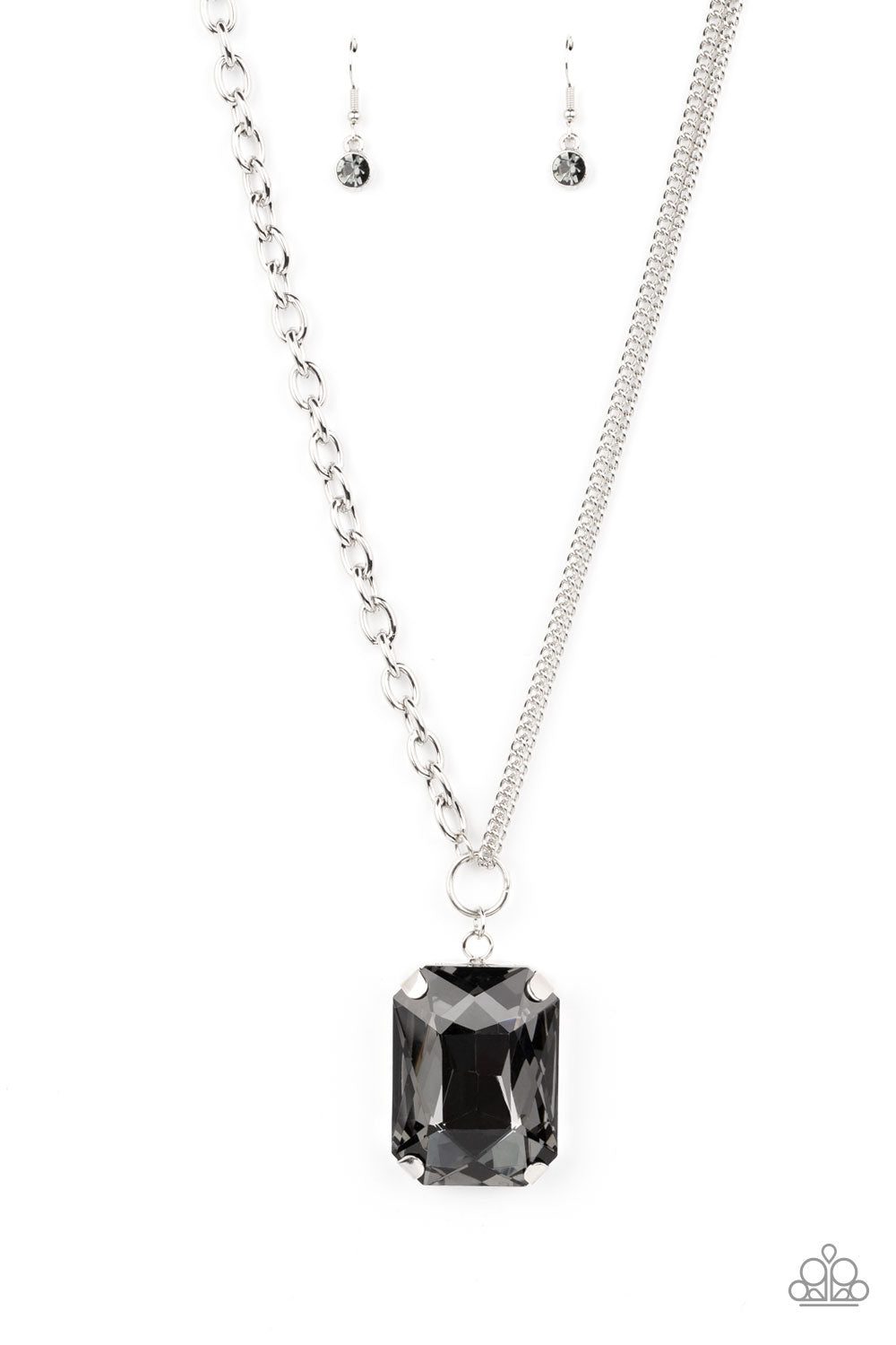 Instant Intimidation Silver Necklace - Paparazzi Accessories  Two regular silver chains combine with a thicker silver chain to hold an oversized faceted emerald-cut black gem. The oversized gem is held in place by a flat pronged setting, instantly highlighting the high-class glitz of the pendant. Features an adjustable clasp closure.  Sold as one individual necklace. Includes one pair of matching earrings.  P2RE-SVXX-425XX