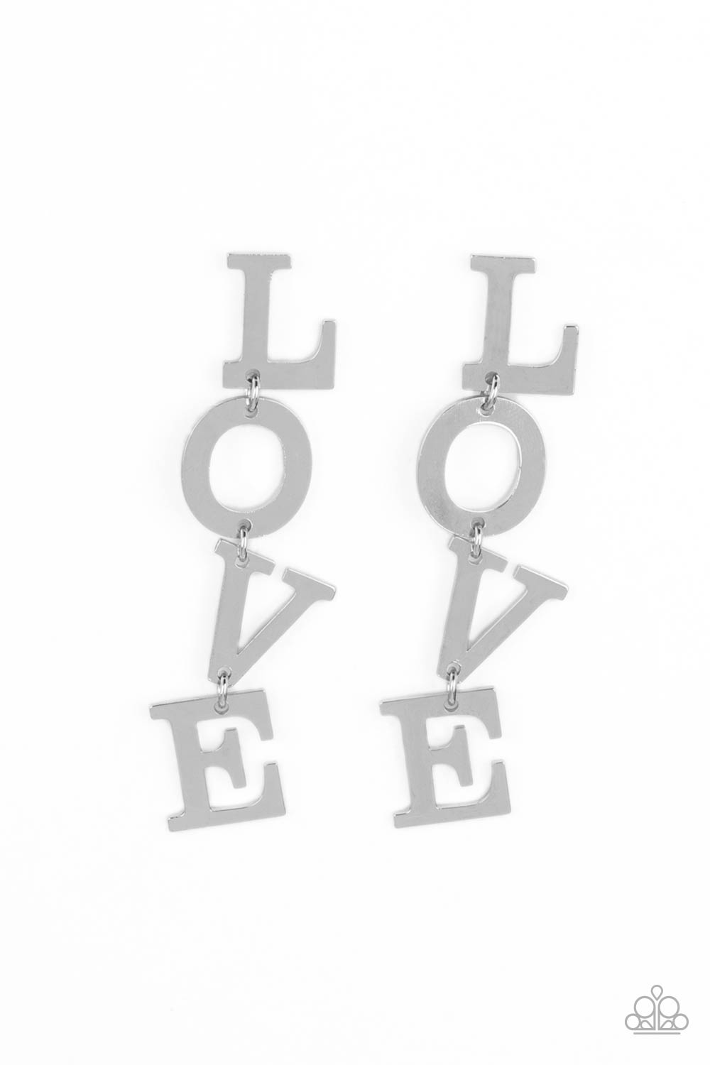 L-O-V-E Silver Post Earring - Paparazzi Accessories  Silver letters with a lightly hammered sheen spell out the word "LOVE" as they vertically cascade down the ear in a flattering finish. Each of the letters are interconnected to one another giving the piece some whimsically playful movement. Earring attaches to a standard post fitting.  Sold as one pair of post earrings.