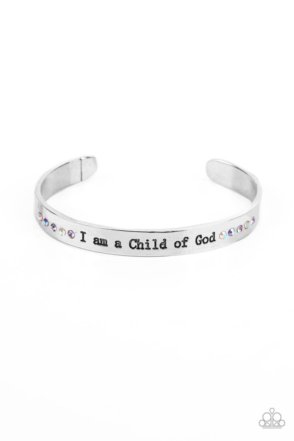 Divine Display Multi Cuff Bracelet - Paparazzi Accessories  A shiny silver cuff stamped with the phrase "I am a Child of God" encircles the wrist. Dainty sapphire, violet and iridescent rhinestones shimmer at the borders of the phrase for a whimsical finish. Due to its prismatic palette, color may vary.  Sold as one individual bracelet.