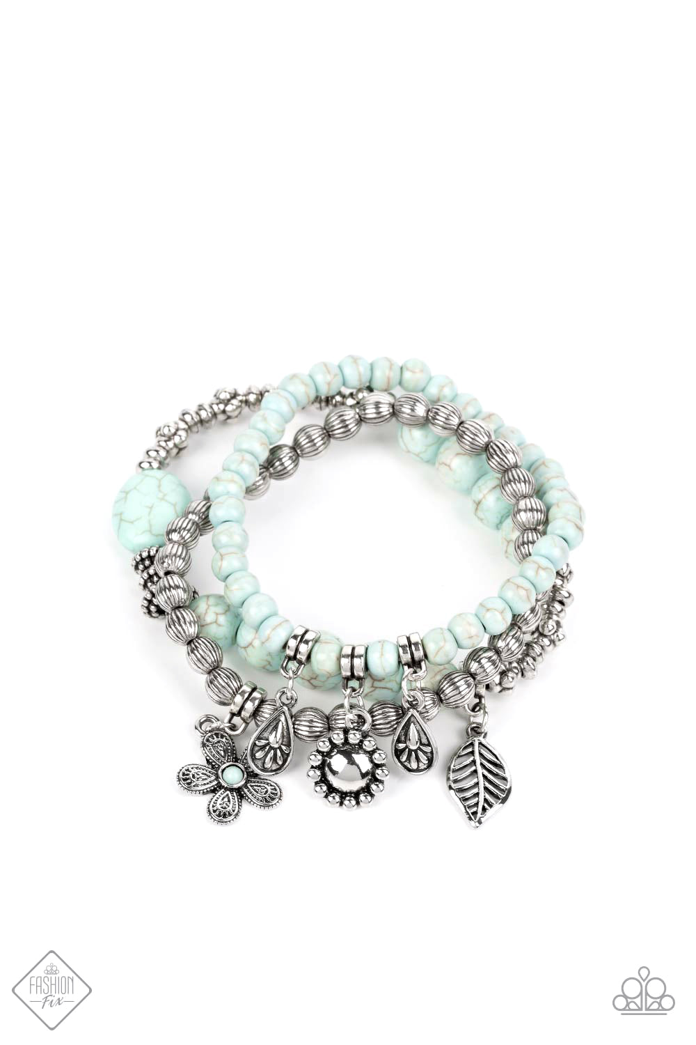 Individual Inflorescence Blue Bracelet - Paparazzi Accessories  A trio of floral-inspired bracelets, featuring comfortable stretchy bands and smooth light blue stones, stack along the wrist to create a bold statement piece.