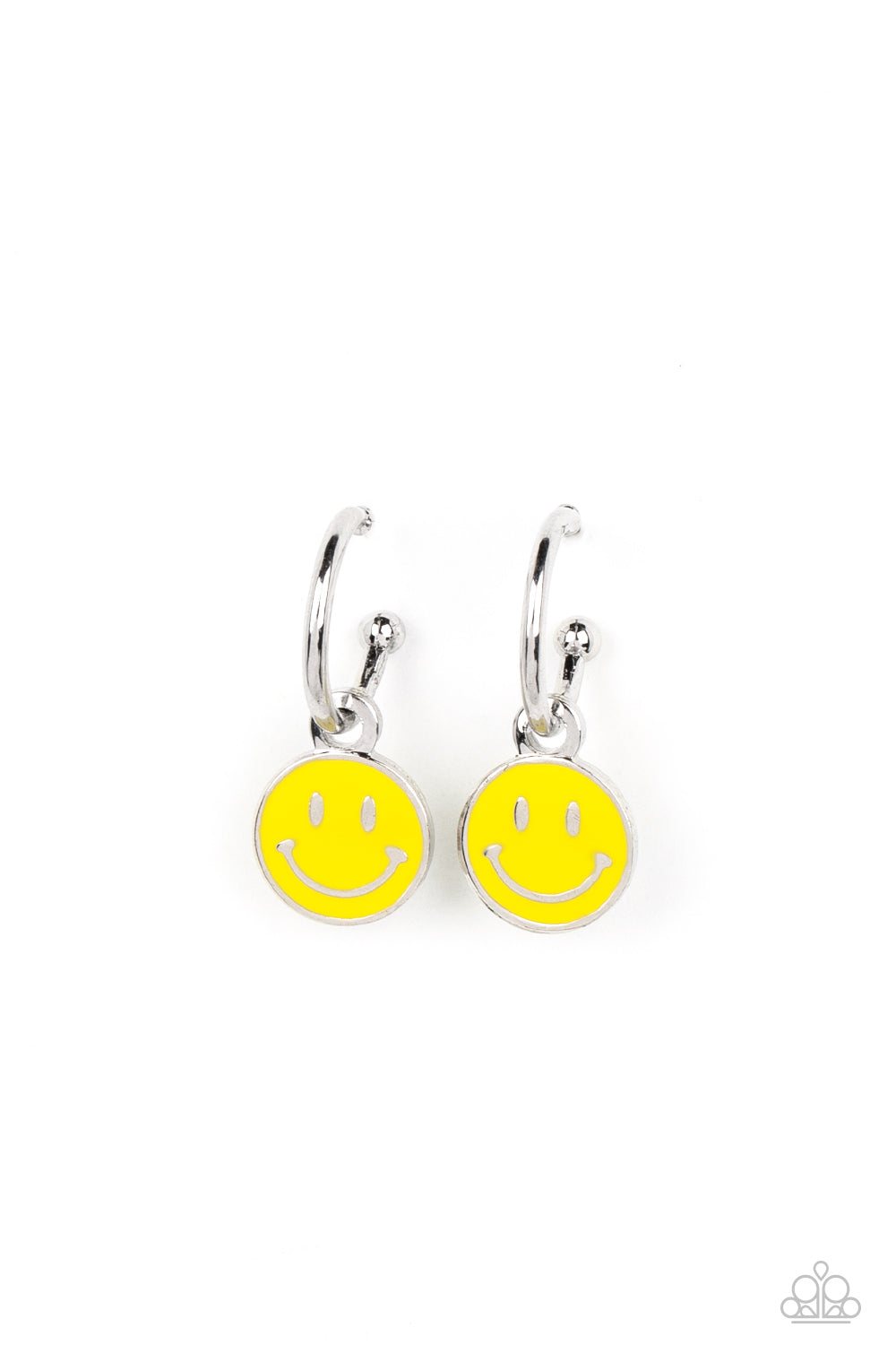 Subtle Smile Yellow Hoop Earring - Paparazzi Accessories  A small, skinny, silver hoop curves around the ear, where a silver ball is affixed to create the look of a barbell. A yellow disc slides along the hoop, cheerfully showcasing a silver smiley face that adorns its colorful surface. Earring attaches to a standard post fitting. Hoop measures approximately 1/2" in diameter.  Sold as one pair of hoop earrings.