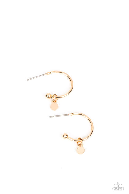 Modern Model Gold Hoop Earring - Paparazzi Accessories  A small, skinny, gold hoop curves around the ear in a timeless fashion. A gold ball is affixed to the end of the hoop, reminiscent of a barbell fitting. A dainty gold disc slides along the curvature of the hoop, adding a surprising hint of shimmery movement. Earring attaches to a standard post fitting. Hoop measures approximately 1/2" in diameter.  Sold as one pair of hoop earrings.