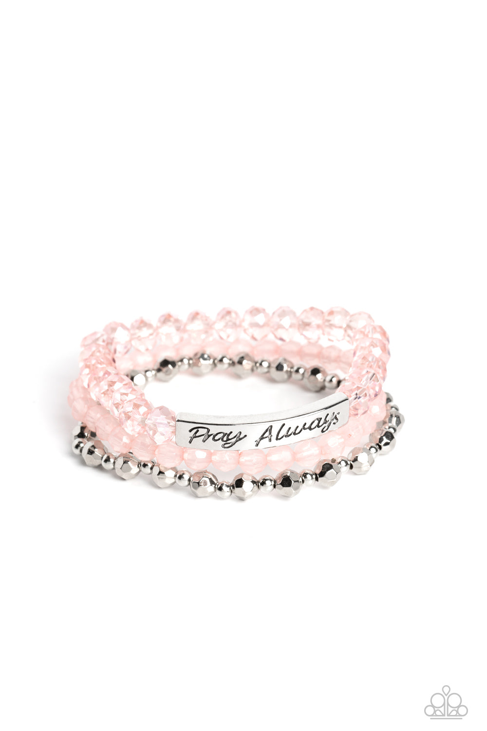 Pray Always Pink Bracelet - Paparazzi Accessories  Varying in shape and shimmer, faceted silver beads, milky pink beads, and glittery pink crystal-like beads are threaded along elastic stretchy bands, creating colorful layers across the wrist. Featured on the crystal-like band, a curved silver bar features the words "Pray Always" in a curly, stamped font for a soft finish.  Sold as one individual bracelet.