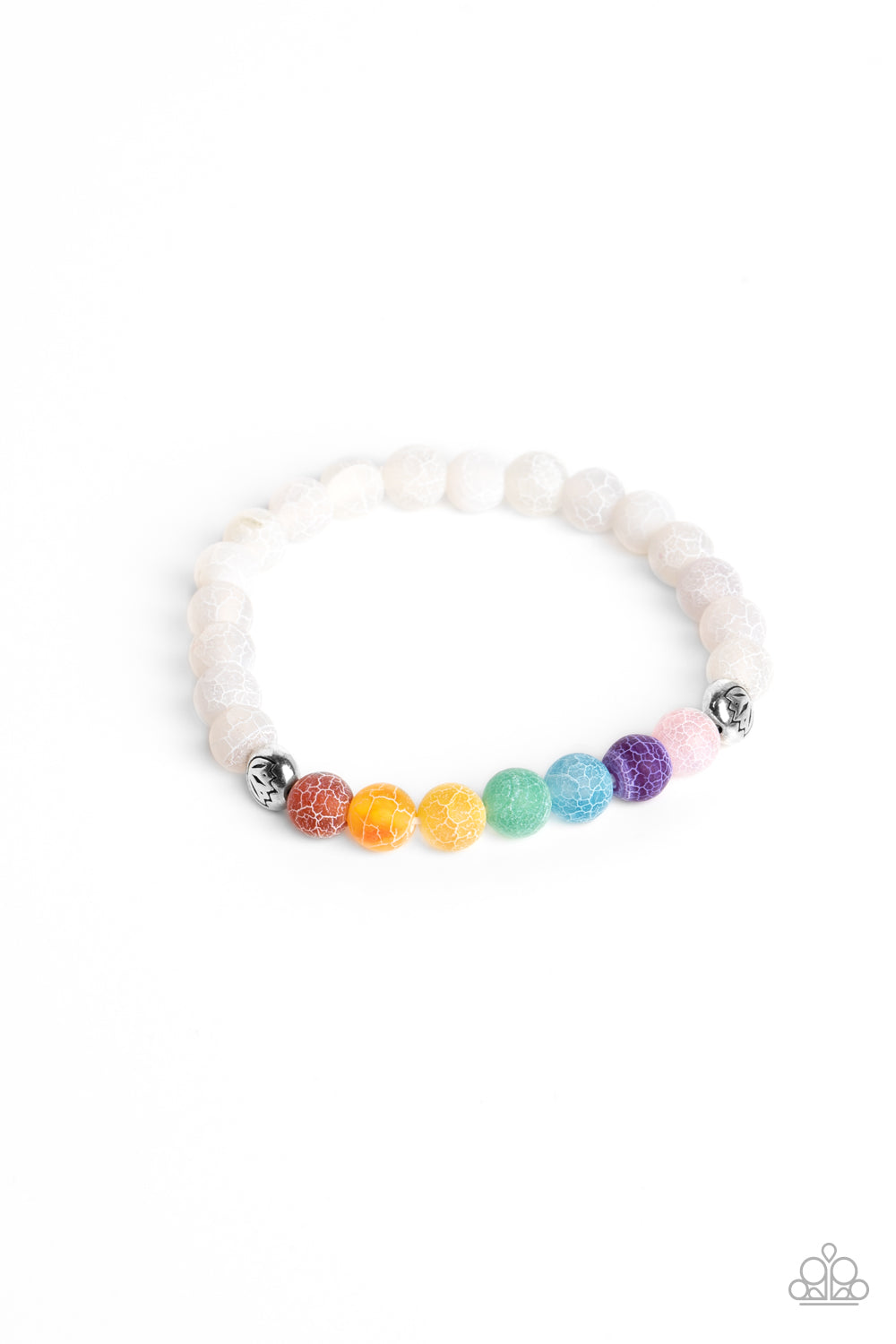 Lotus Chakra Multi Stretch Bracelet - Paparazzi Accessories  A collection of calming white stone beads with speckled detailing, and stone beads brushed in the shades of the rainbow are threaded along a stretchy band around the wrist for a seasonal finish. Separating the chakra-inspired stones from the calming white stones, two silver beads, stamped with a lotus flower outline add a floral feature to the urban design. As the stone elements in this piece are natural, some color variation is normal.