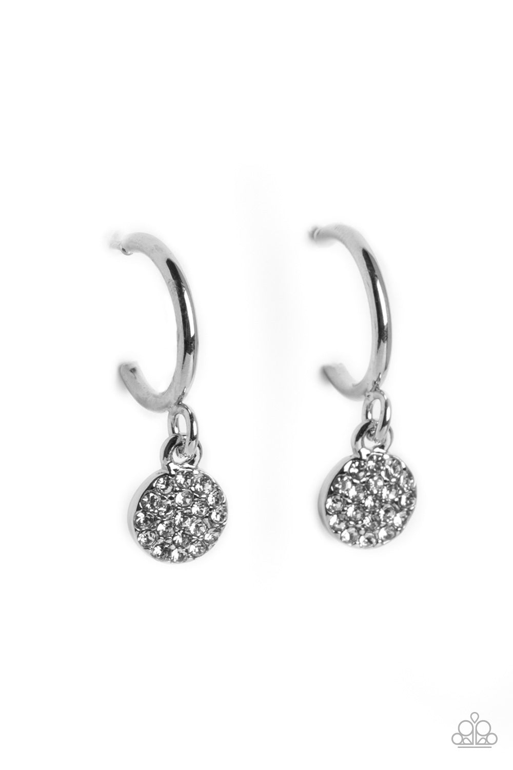 Bodacious Ballroom White Rhinestone Mini Hoop Earring - Paparazzi Accessories  Swinging from a glistening silver hoop, a dainty silver disc, embossed with white rhinestones glimmers, adding a subtle shimmer around the ear. Earring attaches to a standard post fitting. Hoop measures approximately 1/2" in diameter.  Sold as one pair of hoop earrings.  P5HO-WTXX-139XX