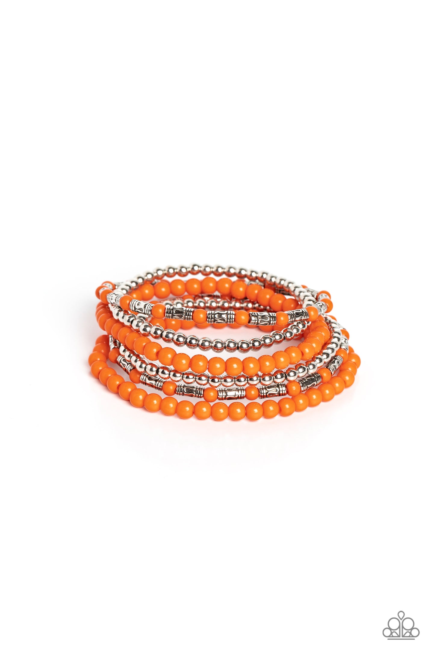 Mythical Magic Orange Bracelet - Paparazzi Accessories  A trendy collection of orange, silver and silver cylindrical textured beads wrap around the wrist on elastic stretchy bands for a colorful, seasonal stack.  Sold as one set of six bracelets.  P9SE-OGXX-200XX
