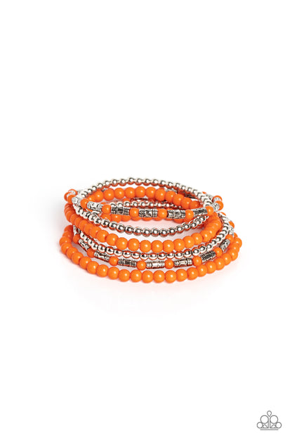 Mythical Magic Orange Bracelet - Paparazzi Accessories  A trendy collection of orange, silver and silver cylindrical textured beads wrap around the wrist on elastic stretchy bands for a colorful, seasonal stack.  Sold as one set of six bracelets.  P9SE-OGXX-200XX