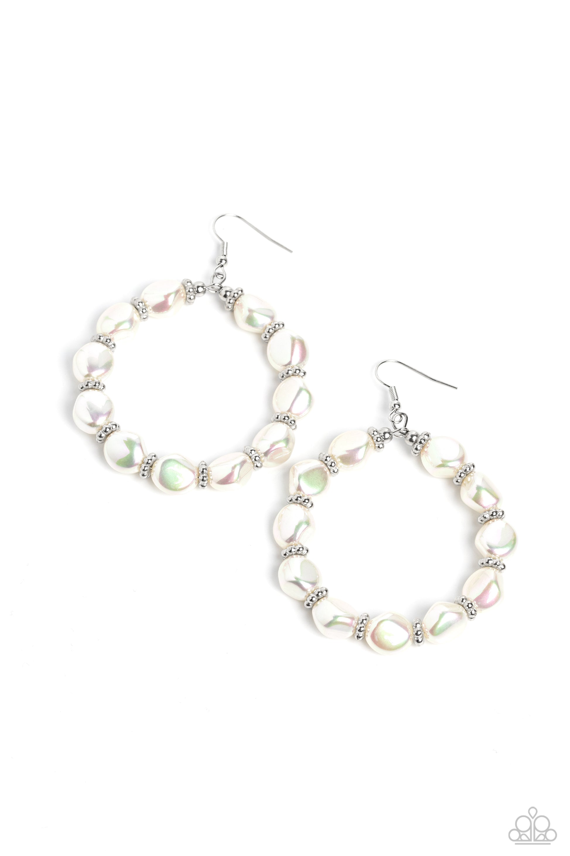 The PEARL Next Door White Earring - Paparazzi Accessories  A classy row of iridescent-sheen baroque pearls are threaded along an oversized hoop for a posh finish around the ear. Spaced between the pearly collection, silver wheel beads shimmer for an additional high-sheen detail to the hoop. Earring attaches to a standard fishhook fitting.  Sold as one pair of earrings.  P5WH-WTXX-276XX