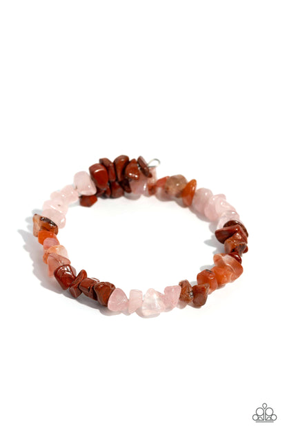 Sculpted Showcase Red Bracelet - Paparazzi Accessories  Threaded along a wire that coils around the wrist, a chiseled collection of red, orange, and rose quartz stones creates a naturally colorful infinity wrap style bracelet for a groundbreaking statement. As the stone elements in this piece are natural, some color variation is normal.  Sold as one individual bracelet.  P9SE-RDXX-294XX