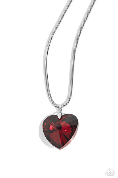 Parting is Such Sweet Sorrow Red Heart Necklace - Paparazzi Accessories  Featuring a glossy finish, an oversized, faceted, red heart gem swings from the bottom of a thick silver snake chain below the collar for a romantic declaration. Features an adjustable clasp closure.  Sold as one individual necklace. Includes one pair of matching earrings.  P2ST-RDXX-123XX