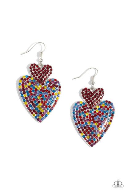 Flirting Flourish Red Heart Earring - Paparazzi Accessories  Embossed in dainty rhinestones, a red rhinestone-covered silver heart frame delicately links with a larger silver heart frame featuring red, light red, blue, yellow, and pink rhinestones for a flirtatiously vibrant look. Earring attaches to a standard fishhook fitting.  Sold as one pair of earrings.  P5ST-RDXX-024XX