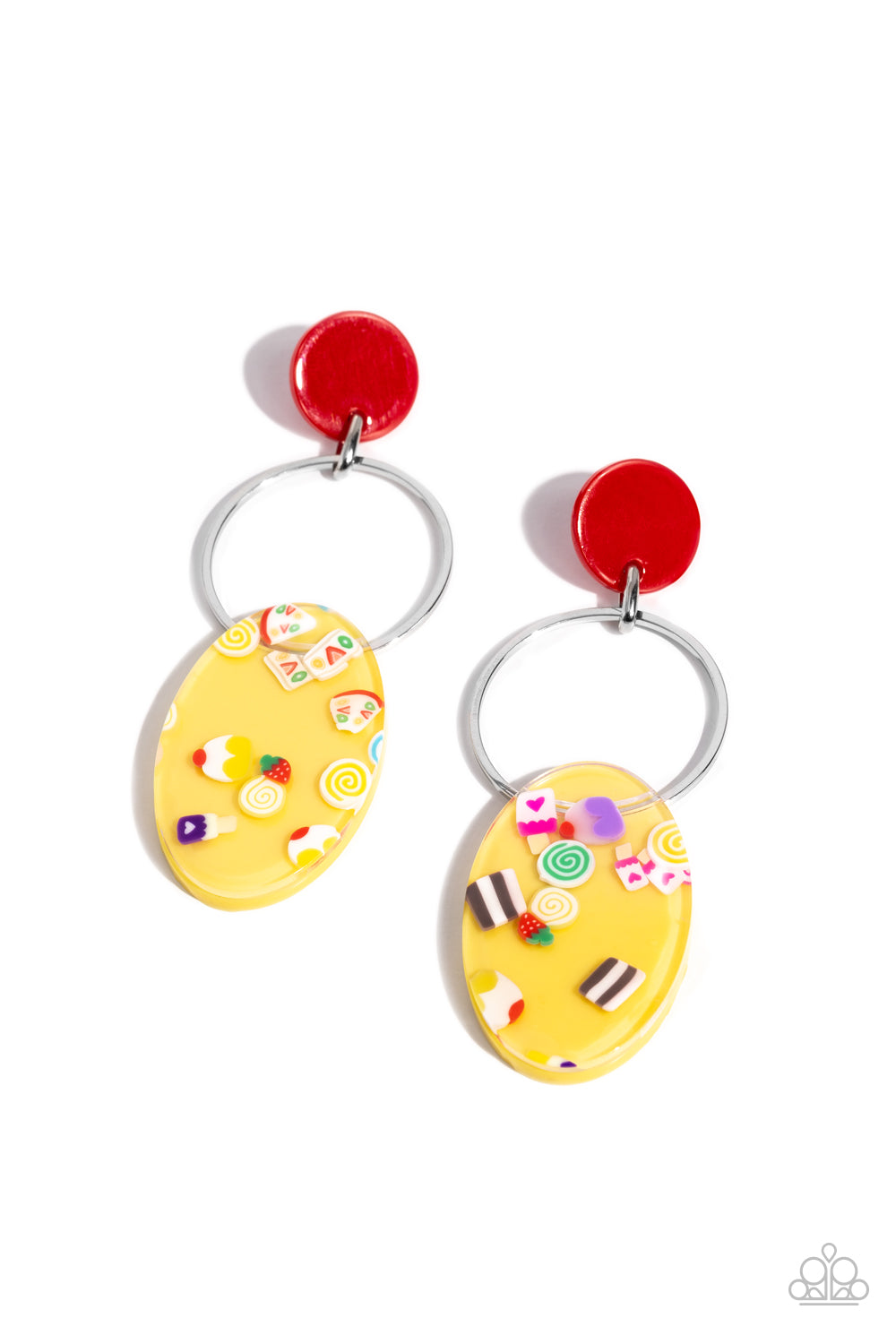 Seize the Sweets Multi Post Earring - Paparazzi Accessories  A yellow acrylic oval, featuring various sweet treats, swings from the bottom of a glistening airy silver hoop that is attached to a red acrylic circle, creating a colorfully retro look. Earring attaches to a standard post fitting.  Sold as one pair of post earrings.  P5PO-MTXX-117XX