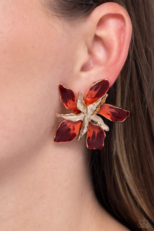 Warped Wallflower Red Post Earring - Paparazzi Accessories  Featuring a warped, metallic texture, a gold flower blooms atop the ear, while a larger gold warped flower featuring Red Dahlia and Burnt Sienna accents adds a vibrant pop of color to the whimsical centerpiece. Earring attaches to a standard post fitting.  Sold as one pair of post earrings.  P5PO-RDXX-041XX