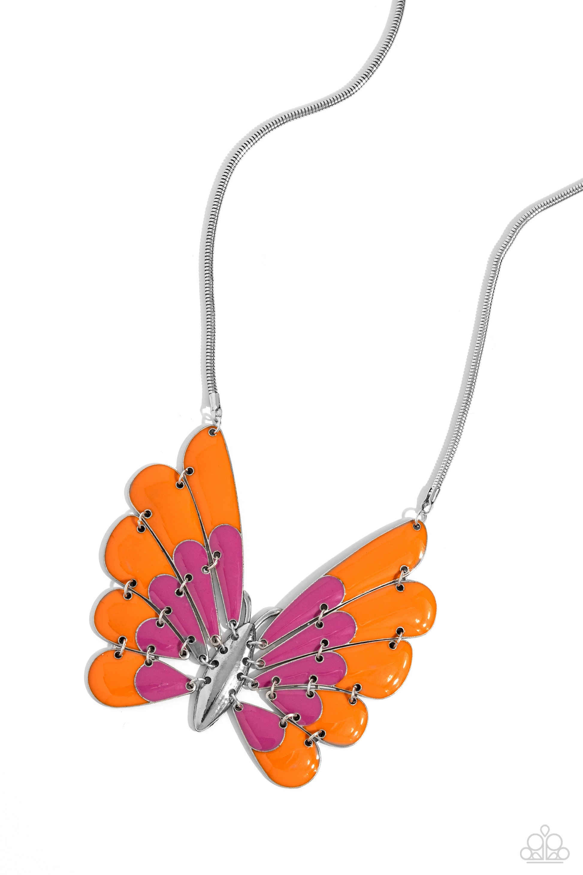 Moth Maven Pink Necklace - Paparazzi Accessories  Featuring hinged wings that gradually decrease in size, an oversized silver moth with Rose Violet and orange spots of color glides along a sleek silver chain for a whimsical statement. Features an adjustable clasp closure.  Sold as one individual necklace. Includes one pair of matching earrings.  P2ST-PKXX-157XX