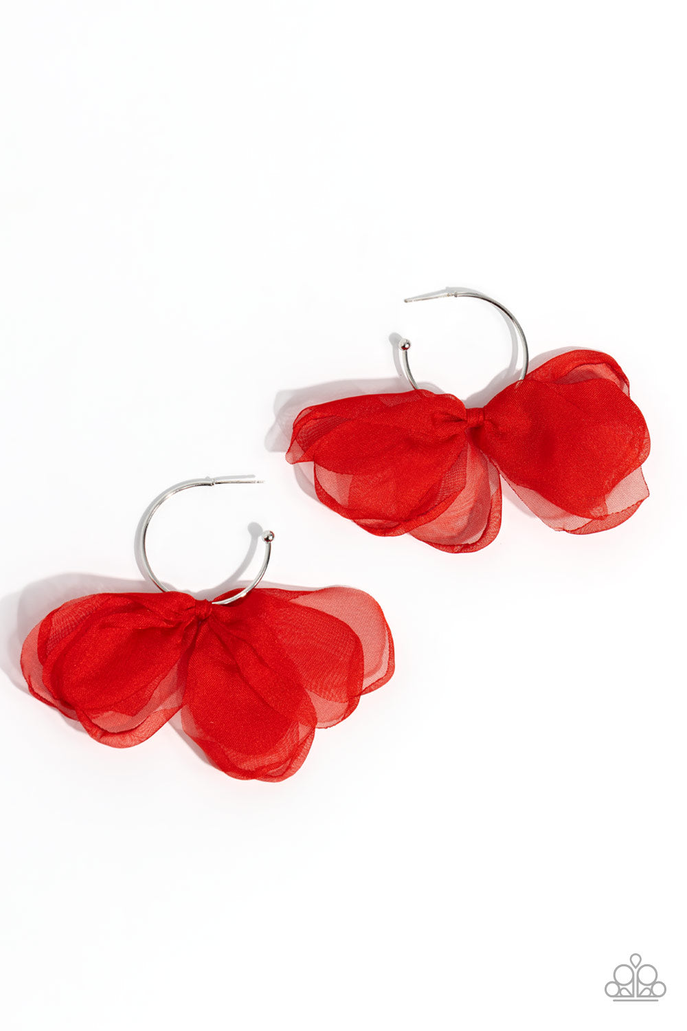 Chiffon Class Red Hoop Earring - Paparazzi Accessories  A small, skinny, shiny silver hoop curves around the ear in a timeless fashion. A shiny silver ball is affixed to the end of the hoop, reminiscent of a barbell fitting. A red chiffon bow slides along the curvature of the hoop, creating a graceful pop of color. Earring attaches to a standard post fitting. Hoop measures approximately 1" in diameter.  Sold as one pair of hoop earrings.  P5HO-RDXX-032XX