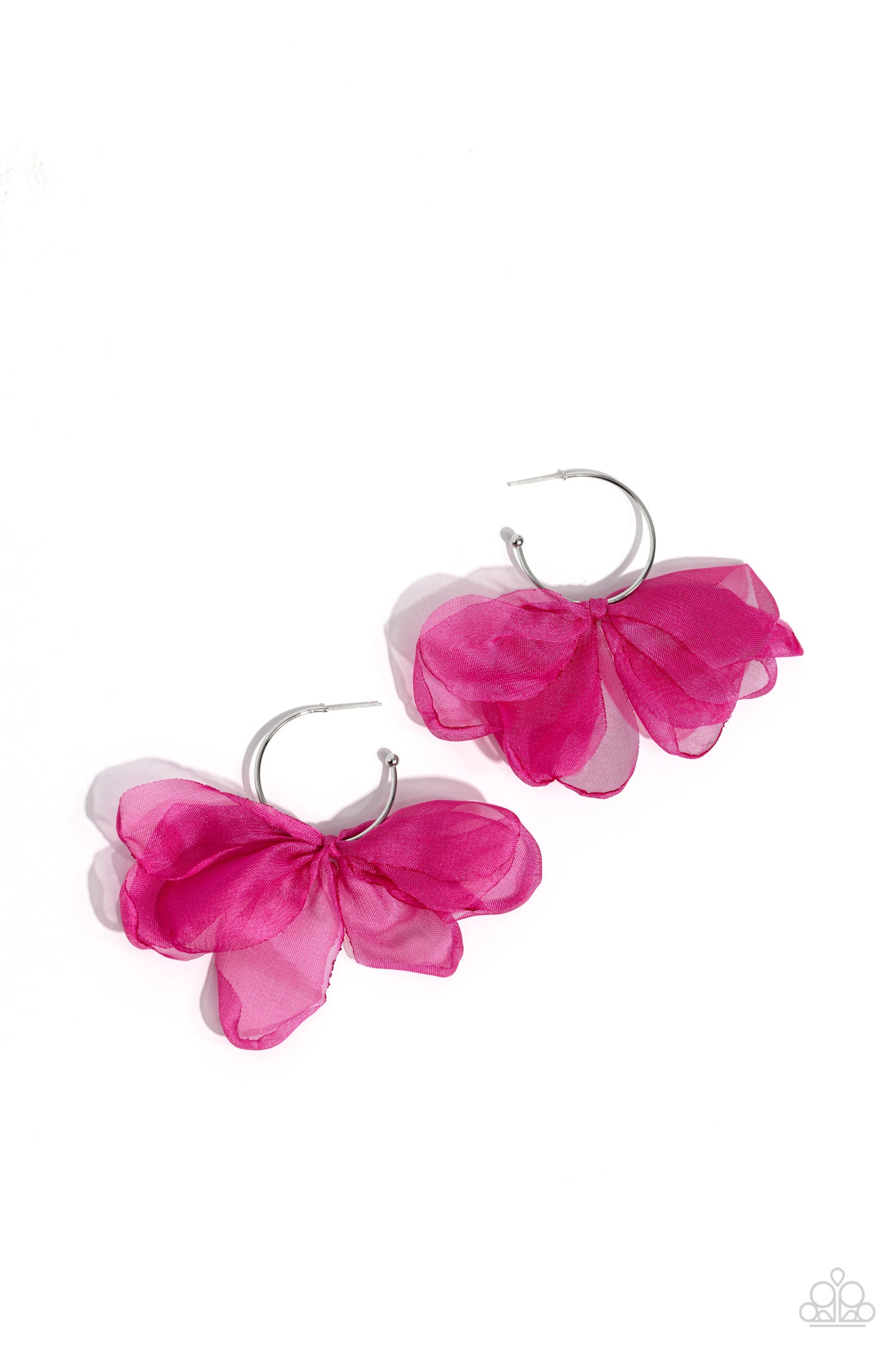 Chiffon Class Pink Hoop Earring - Paparazzi Accessories  A small, skinny, shiny silver hoop curves around the ear in a timeless fashion. A shiny silver ball is affixed to the end of the hoop, reminiscent of a barbell fitting. A hot pink chiffon bow slides along the curvature of the hoop, creating a graceful pop of color. Earring attaches to a standard post fitting. Hoop measures approximately 1" in diameter.  Sold as one pair of hoop earrings.  P5HO-PKXX-071XX