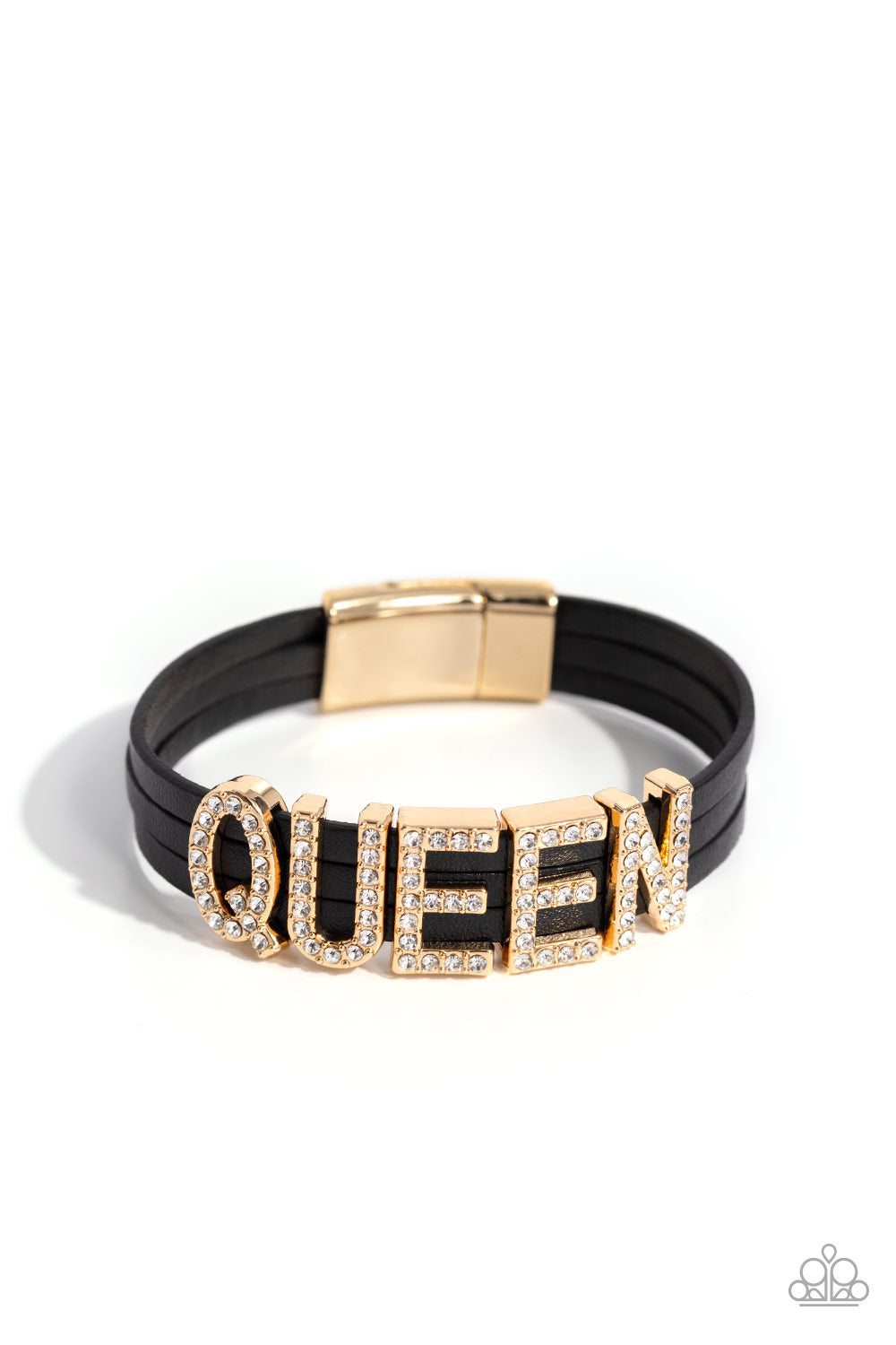 Queen of My Life Gold Magnetic Bracelet - Paparazzi Accessories  Featuring glistening white rhinestones, gold letter frames forming the word "QUEEN" are threaded along layers of black leather strands around the wrist for a dazzling statement. Features a magnetic closure.  Sold as one individual bracelet.  SKU: P9SE-GDXX-064XX