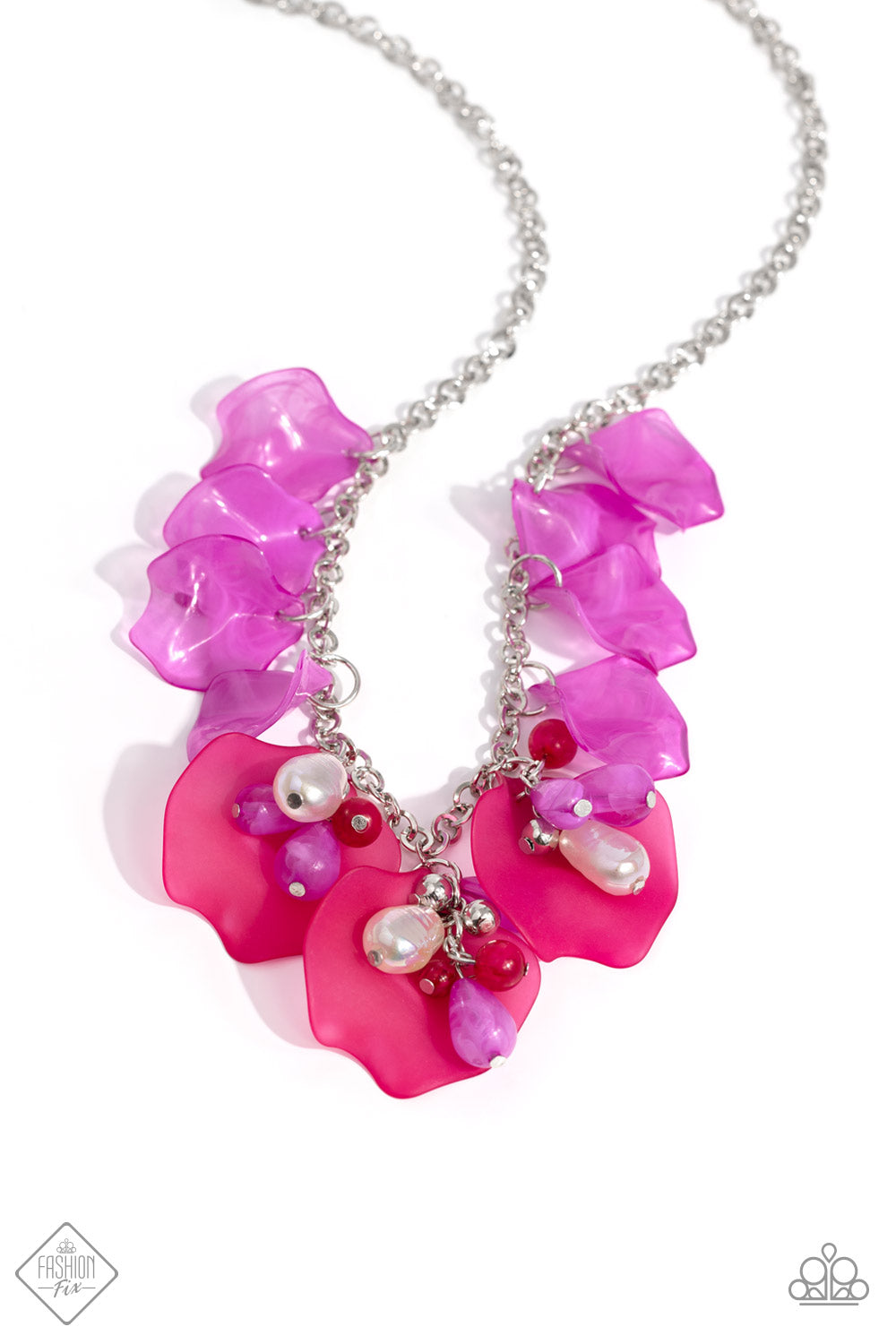 Lush Layers Pink Necklace - Paparazzi Accessories  A curved cluster of cloudy Radiant Orchid and matte Viva Magenta petals drip down a silver chain resulting in a floral twist below the collar. A collection of cloudy Radiant Orchid teardrops, silver beads, cloudy Viva Magenta beads, and iridescent-dipped baroque pearls trickle between each Viva Magenta petal for additional whimsical movement. Features an adjustable clasp closure. Due to its prismatic palette, color may vary.