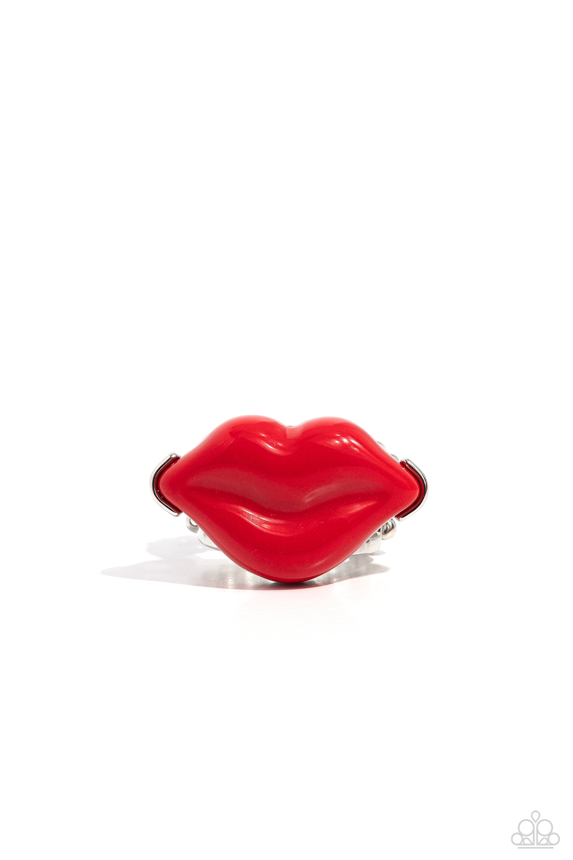 Lively Lips Red Ring - Paparazzi Accessories  Featured atop airy silver bands, a pair of red acrylic lips stands out atop the finger for a vibrant, carefree finish. Features a stretchy band for a flexible fit.  Featured inside The Preview at Made for More!  Sold as one individual ring.  Sku:  P4ST-RDXX-015XX