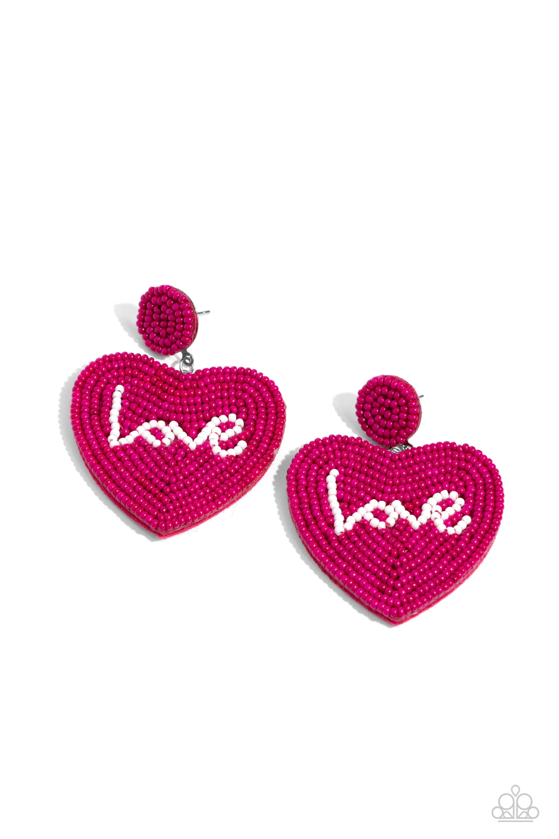 Sweet Seeds Pink Heart Seed Bead Post Earring - Paparazzi Accessories  Hot pink rows of dainty seed beads adorn the front of a heart frame at the bottom of a matching beaded fitting, creating a blissfully beaded look. The word "Love" is spelled out in white seed beads across the center of the heart frame for a romantic finish. Earring attaches to a standard post fitting.  Sold as one pair of post earrings.  SKU: P5PO-PKXX-111XX