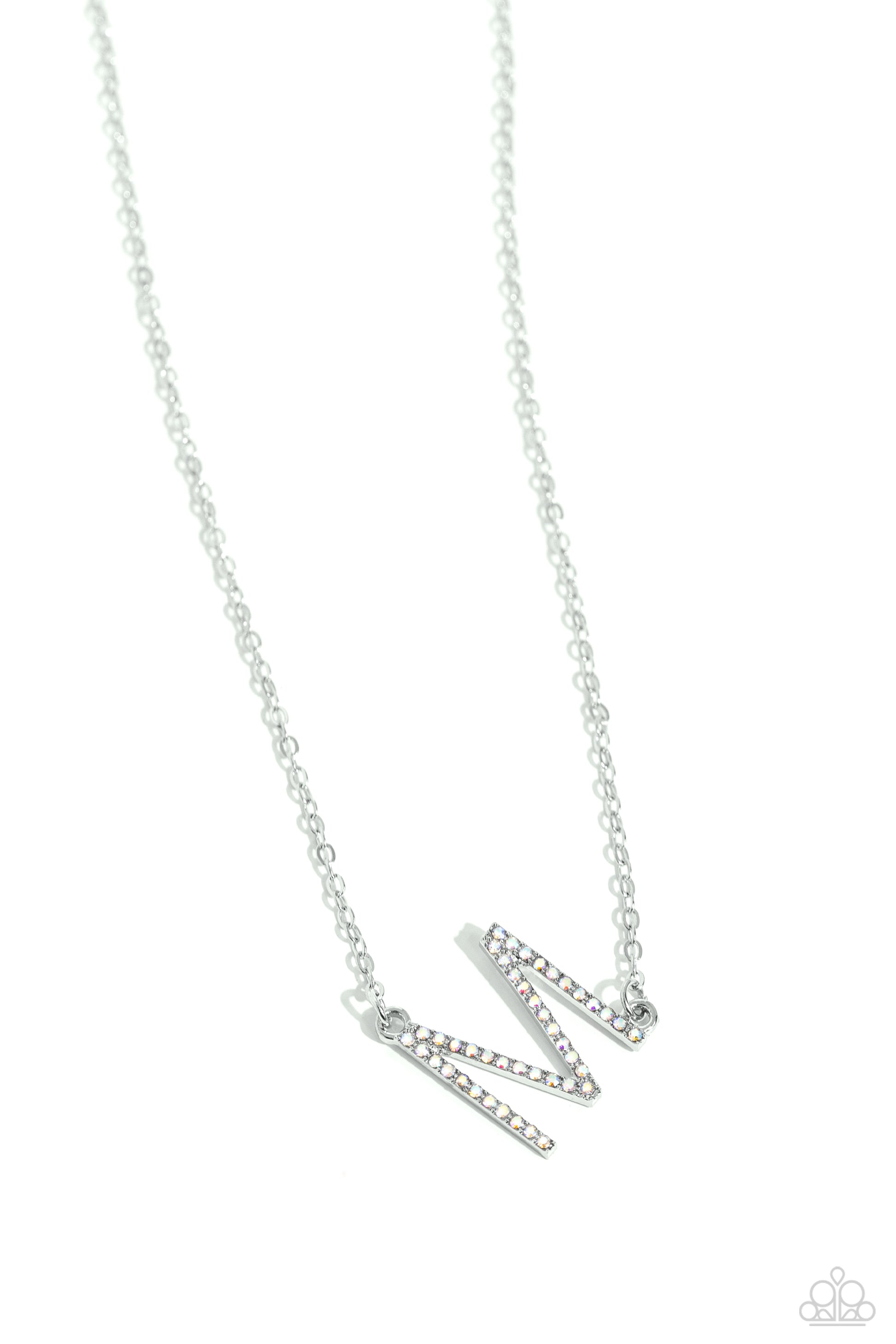 INITIALLY Yours Multi "M" Necklace - Paparazzi Accessories  Embossed with dainty iridescent rhinestones, a silver letter "M" hovers below the collar from a dainty silver chain, for a sentimentally simple design. Features an adjustable clasp closure. Due to its prismatic palette, color may vary.  Sold as one individual necklace. Includes one pair of matching earrings.  P2DA-MTXX-136XX