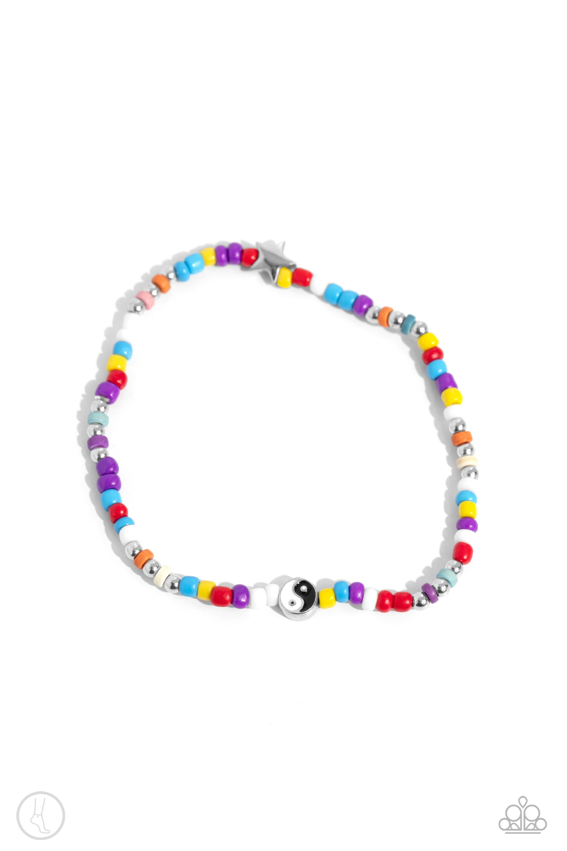 Seize the Shapes Multi Stretch Anklet - Paparazzi Accessories  Infused along an elastic stretchy band, multicolored seed beads, silver studs, circular colored stones, a silver star, and a yin-yang bead coalesce around the ankle for a fun-loving display.  Sold as one individual anklet.  SKU: P9AN-MTXX-050XX