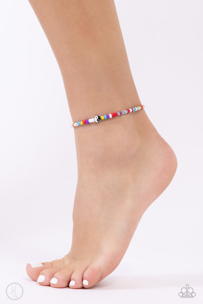 Seize the Shapes Multi Stretch Anklet - Paparazzi Accessories  Infused along an elastic stretchy band, multicolored seed beads, silver studs, circular colored stones, a silver star, and a yin-yang bead coalesce around the ankle for a fun-loving display.  Sold as one individual anklet.  SKU: P9AN-MTXX-050XX