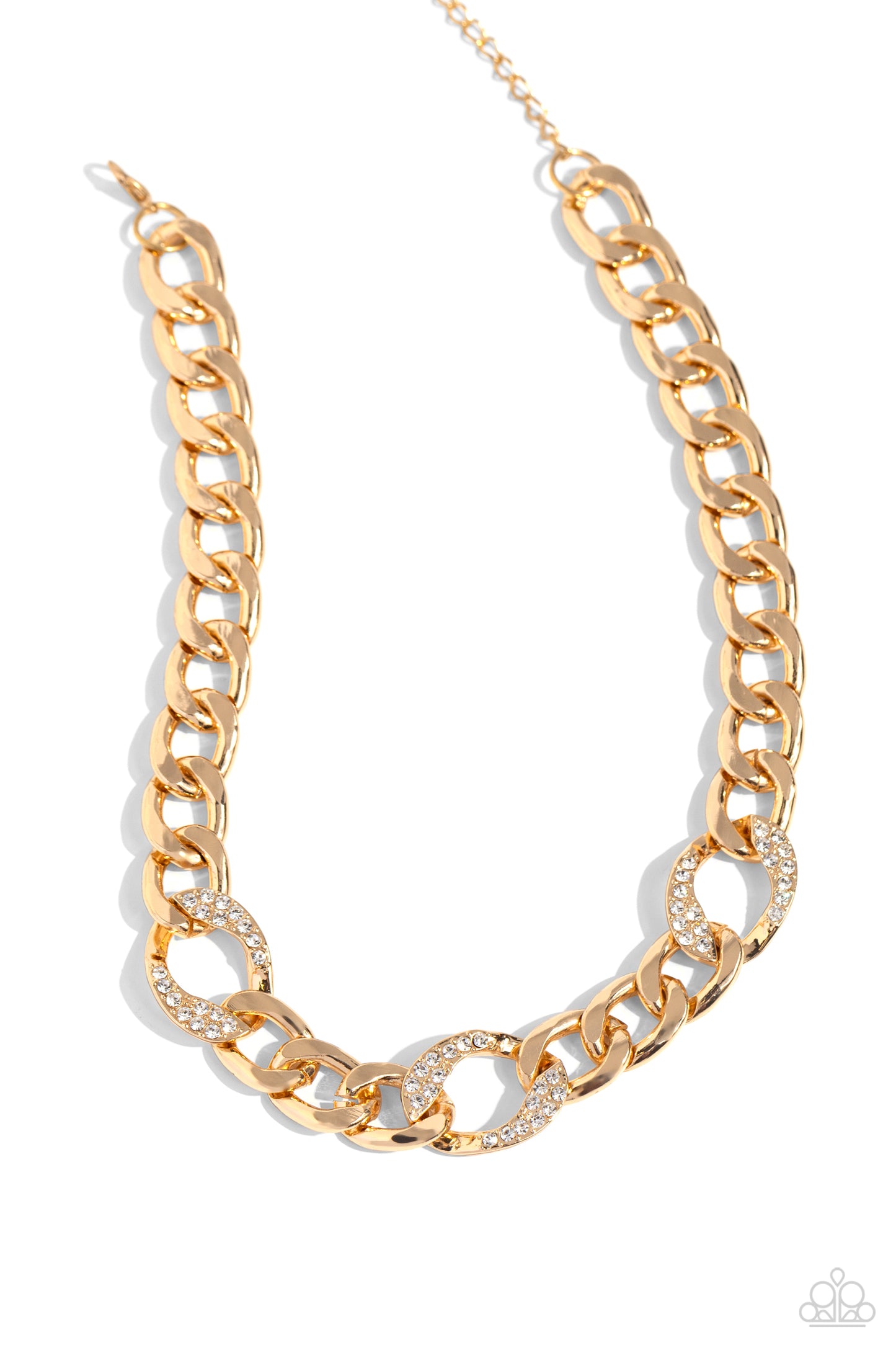 Gleaming Harmony Gold Necklace - Paparazzi Accessories  Dusted in white rhinestones, three oblong circle links combine with a strand of bold gold curb chain to drape dramatically across the chest. Features an adjustable clasp closure.  Sold as one individual necklace. Includes one pair of matching earrings.  Sku:  P2ED-GDXX-162XX