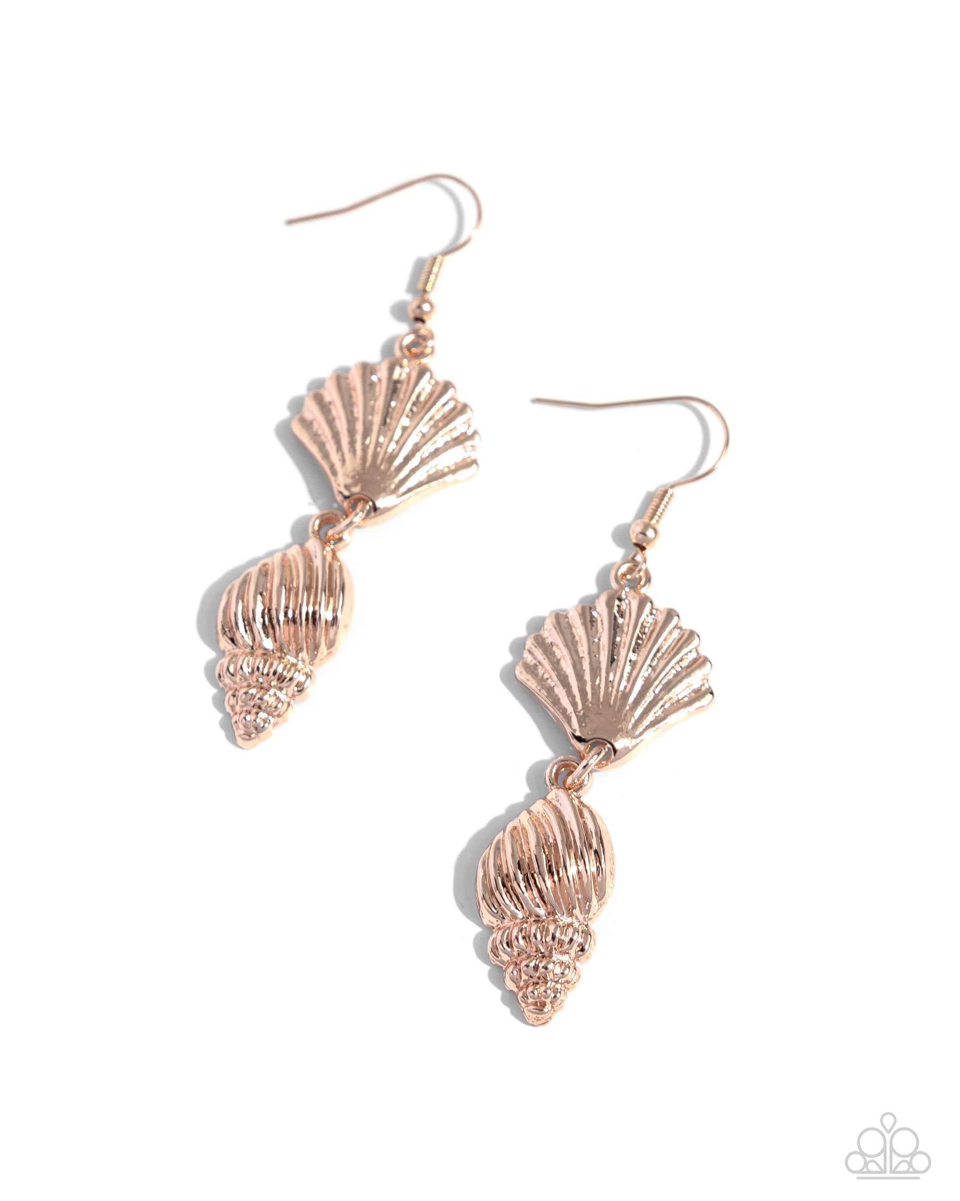 SHELL, I Was In the Area Rose Gold Earring - Paparazzi Accessories Textured rose gold seashells dangle and connect below the ear, creating a coastal centerpiece. Earring attaches to a standard fishhook fitting. Sold as one pair of earrings. Get The Complete Look! Necklace: "Seashell Sonata - Rose Gold" (Sold Separately)