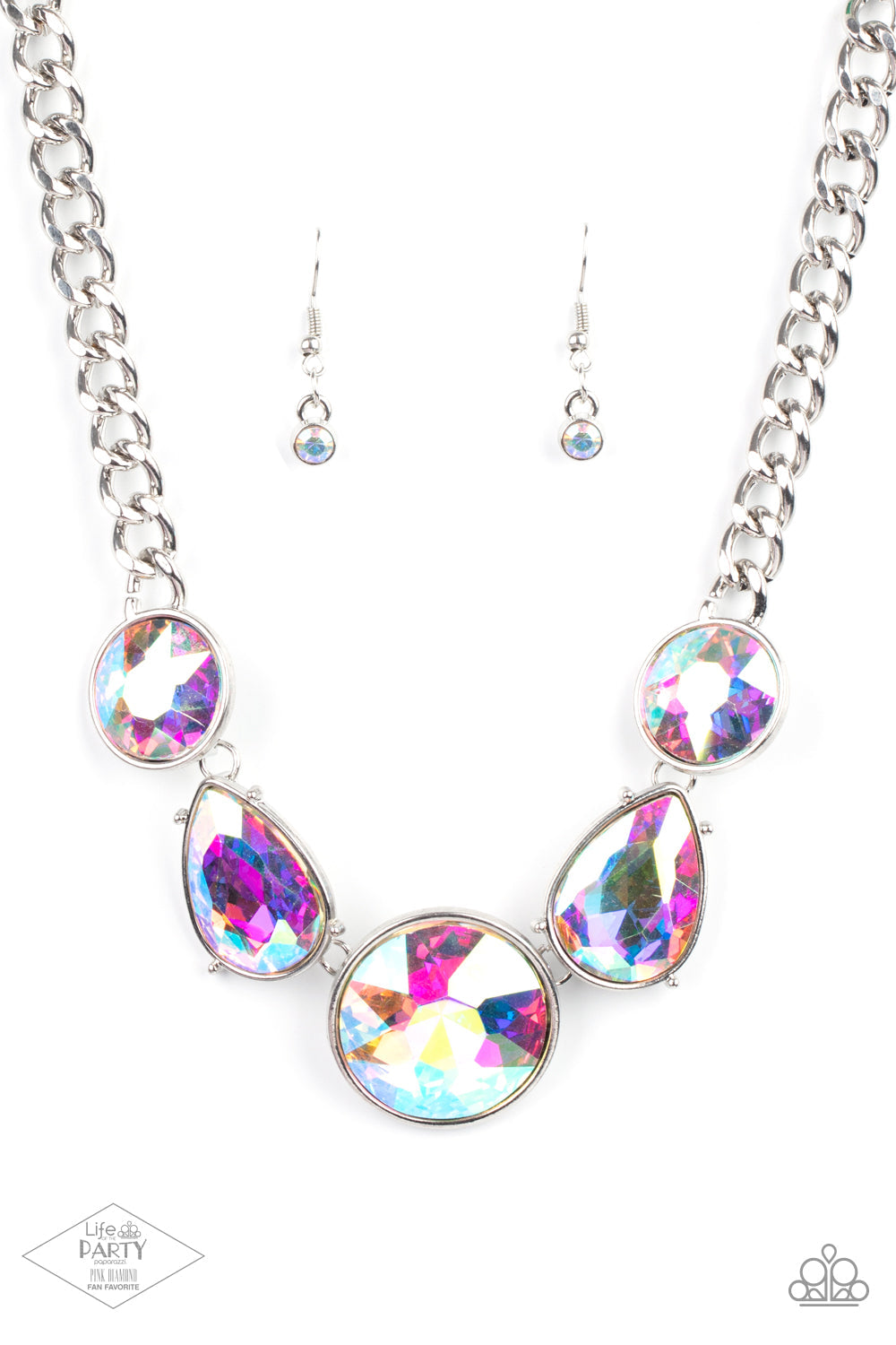 All The Worlds My Stage Multi Necklace - Paparazzi Accessories  Infused with heavy silver chain, an exaggerated display of round and teardrop-shaped iridescent rhinestones connects below the collar for a blinding look. Features an adjustable clasp closure.  Sold as one individual necklace. Includes one pair of matching earrings.