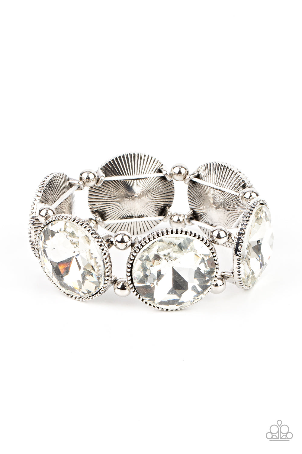 Powerhouse Hustle - White Item #P9ST-WTXX-018XX Infused with pairs of silver beads, a glitzy collection of dramatically oversized white rhinestone frames are threaded along stretchy bands around the wrist for a jaw-dropping dazzle.  Sold as one individual bracelet.