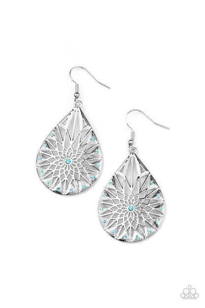 Icy Mosaic Blue Earring - Paparazzi Accessories  Item #P5RE-BLXX-219XX Featuring a shattered snowflake pattern, the front of an airy silver teardrop is adorned in dainty blue rhinestones for an icy finish. Earring attaches to a standard fishhook fitting.  Sold as one pair of earrings.